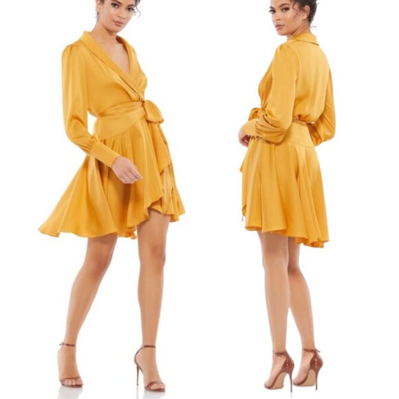 Mac Duggal 70135 Size 0 Sunflower Marigold Mango Yellow Satin Short Wrap Dress - Picture 1 of 2